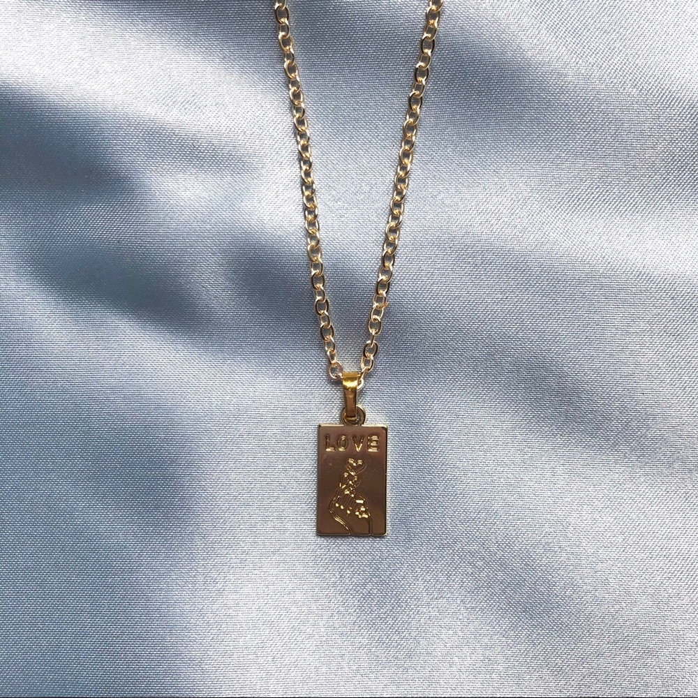 Gold Heart Love Rectangle Charm Necklace